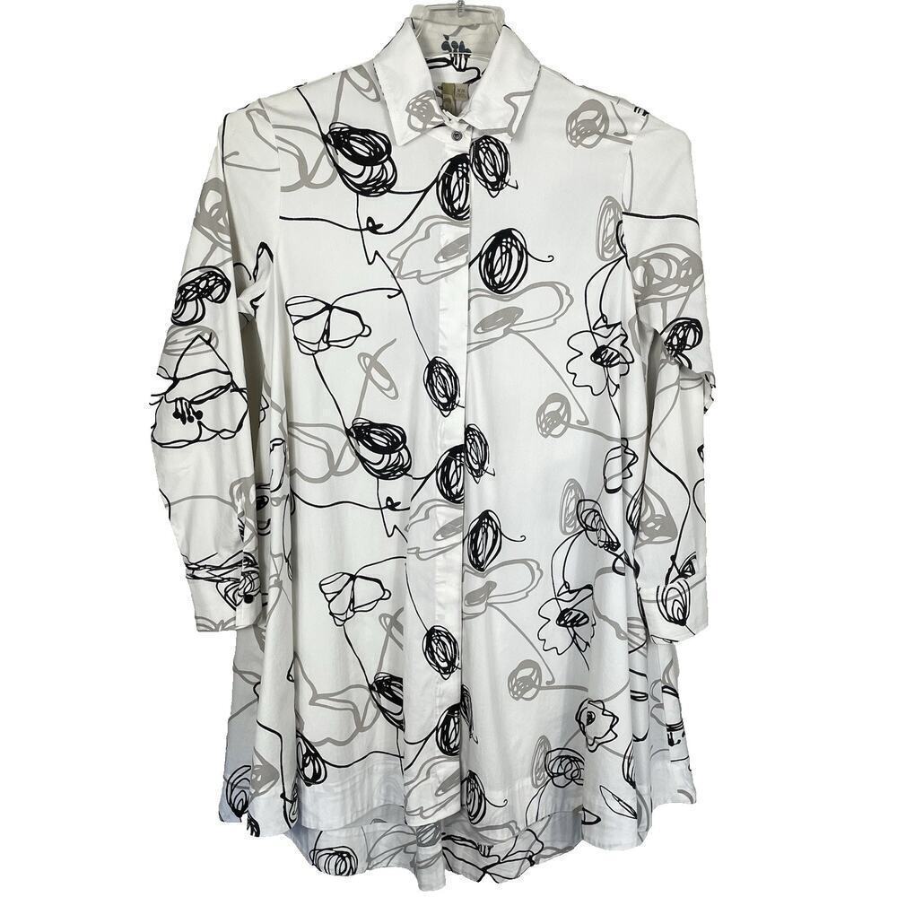 Comfy USA Shirt Dress Tunic Size XS White Black Abstract Print Artsy Back Zipper